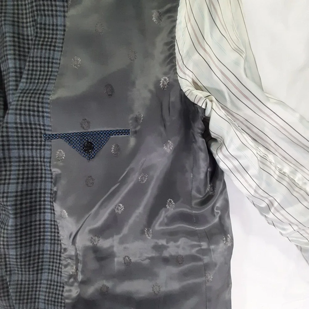 Lauren Ralph Lauren Blazer 52R Silk Wool Plaid Gray Blue‎ Sport Coat Men Big
